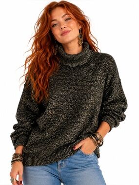 Vintage Knitmakers Black Gold Metallic Turtleneck Sweater Oversized Lurex Boho